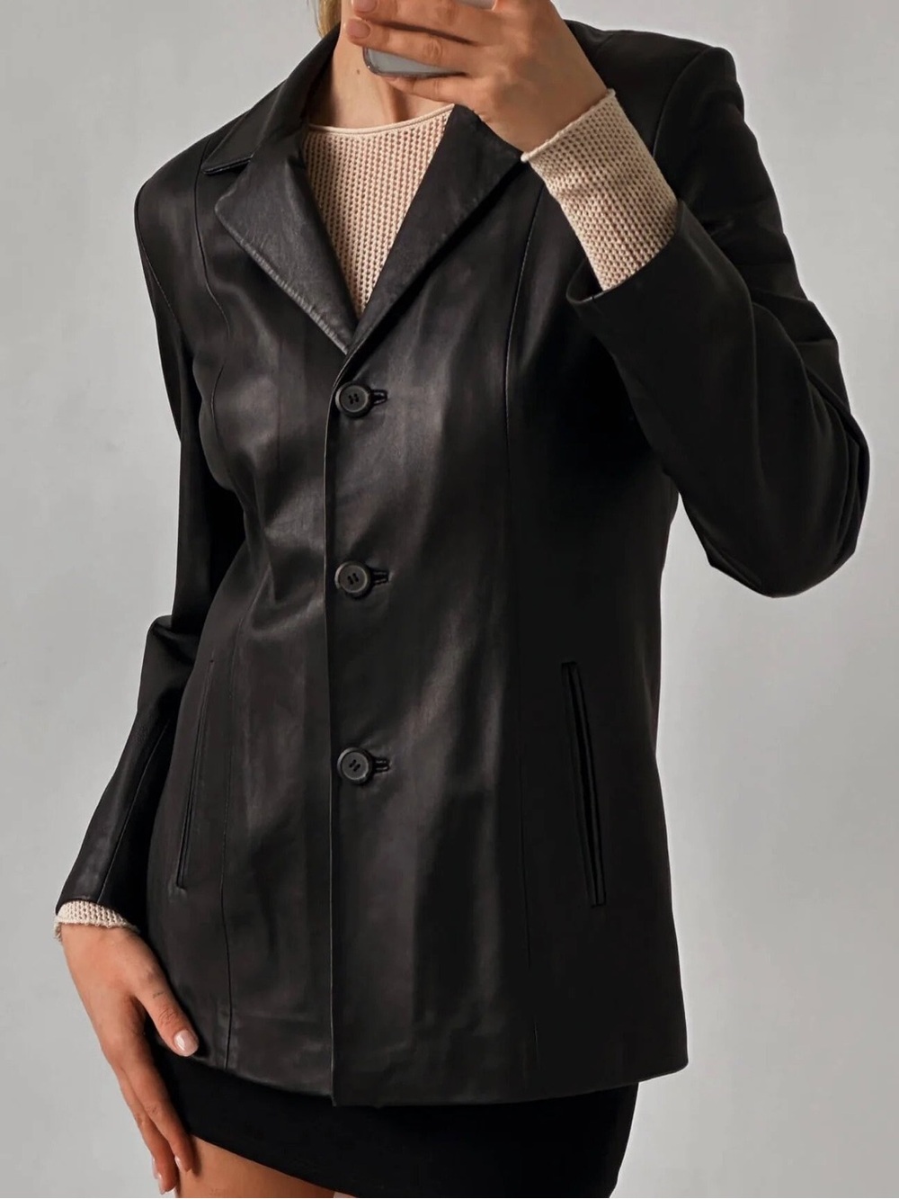 Danier Black Leather Button-Front Blazer